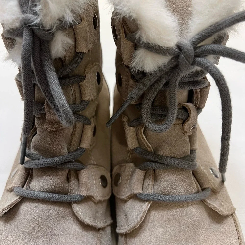 Sorel Explorer Boots Gray Suede w/ White Faux‎ Fur Size 7.5